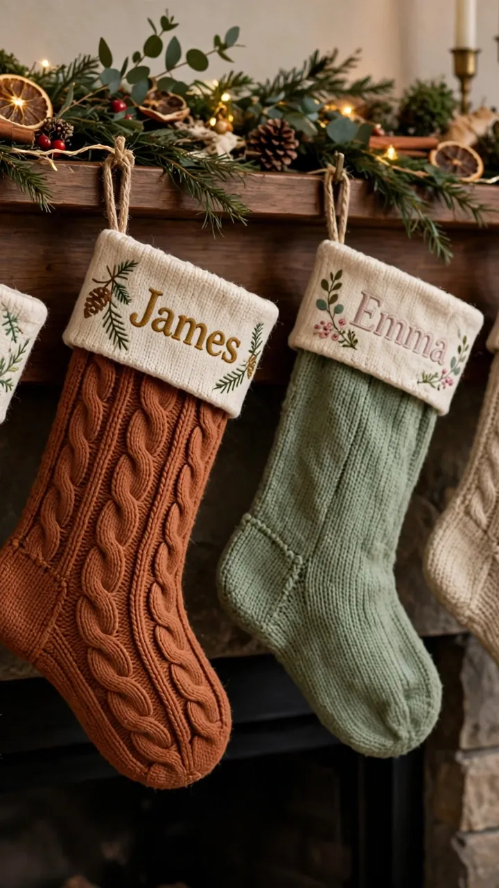 Photorealistic shot of finished personalized Christmas stockings hanging on a mantel, each with embroidered names, cozy fireplace glow, landscape orientation, no text