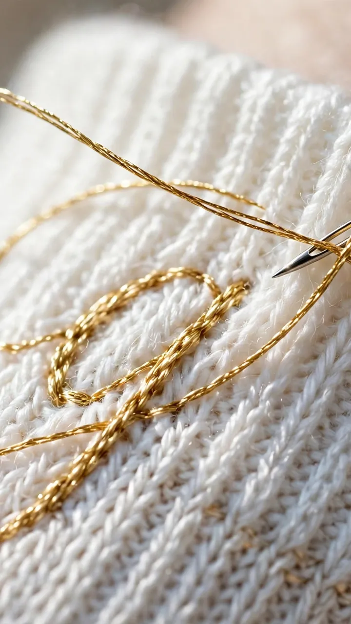 Photorealistic macro shot of needle pulling gold thread through white stocking cuff forming a cursive letter, detailed and warm, landscape orientation, no text