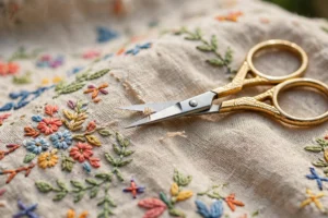 Photorealistic close-up of small gold-handled embroidery scissors snipping a thread above colorful stitched linen, crisp focus on the blades, natural daylight, landscape composition, no text