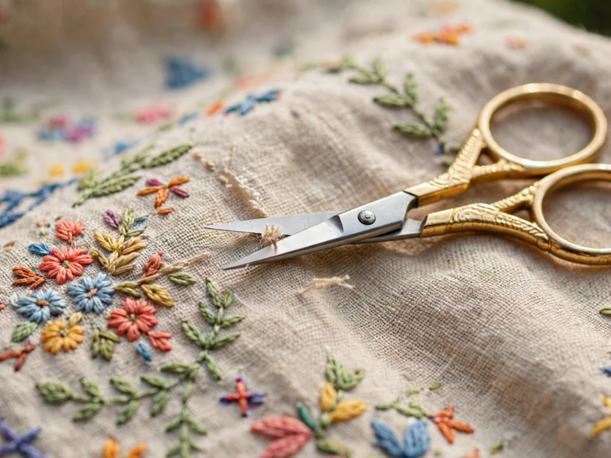 Small gold-handled embroidery scissors snipping thread above colorful stitched linen, crisp focus on blades