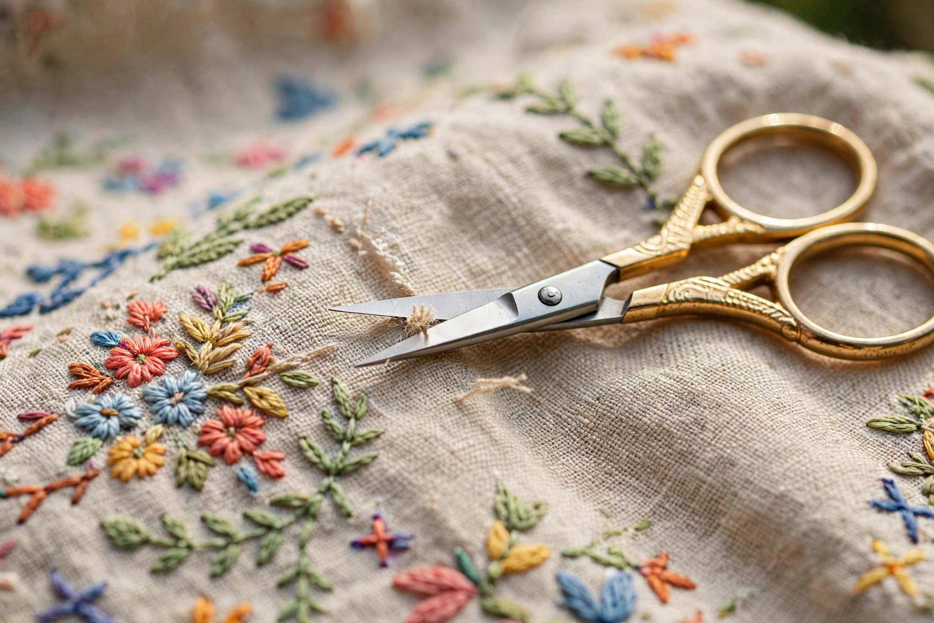 Small gold-handled embroidery scissors snipping thread above colorful stitched linen, crisp focus on blades