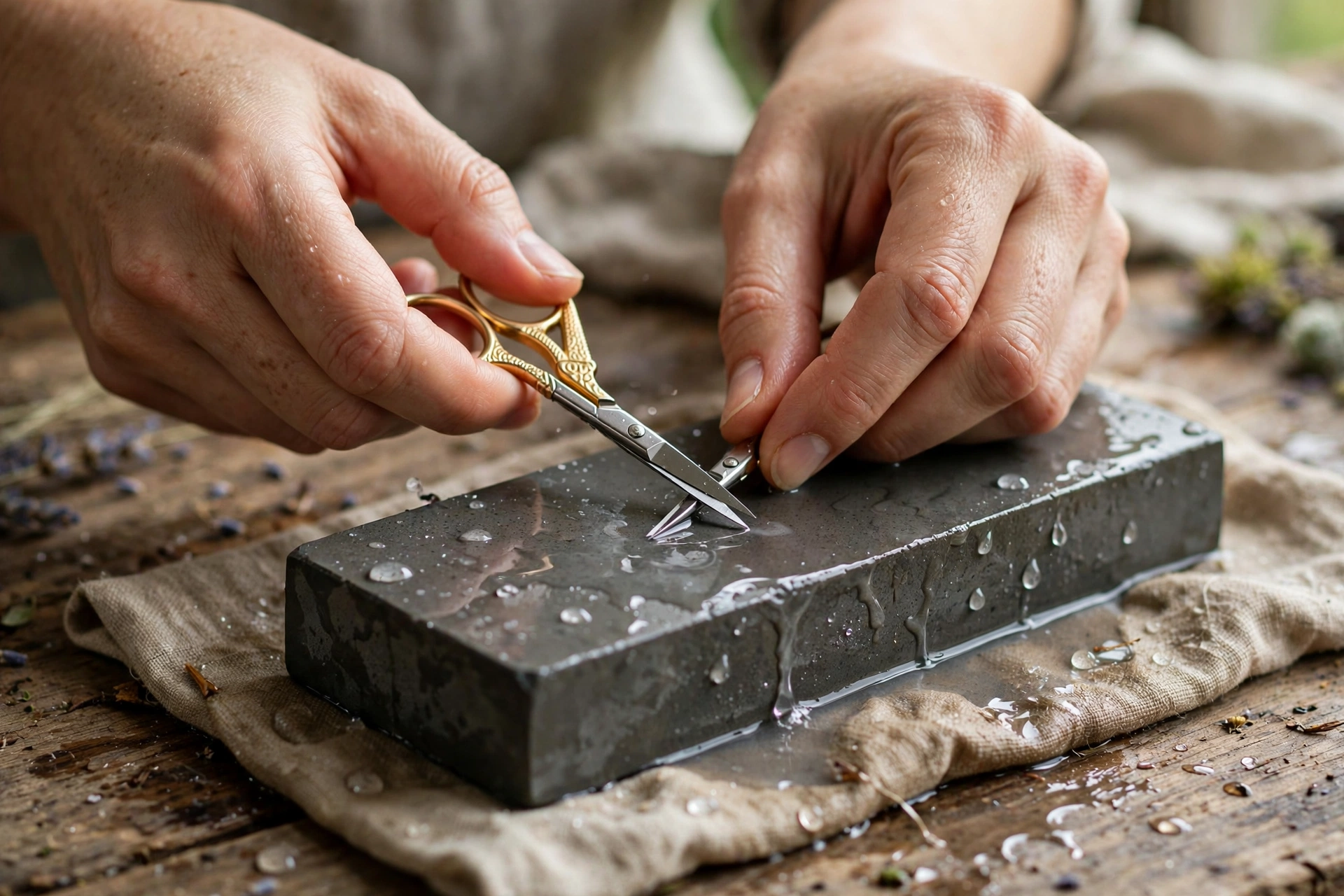 Hands sharpening small embroidery scissors on a wet whetstone with water droplets visible