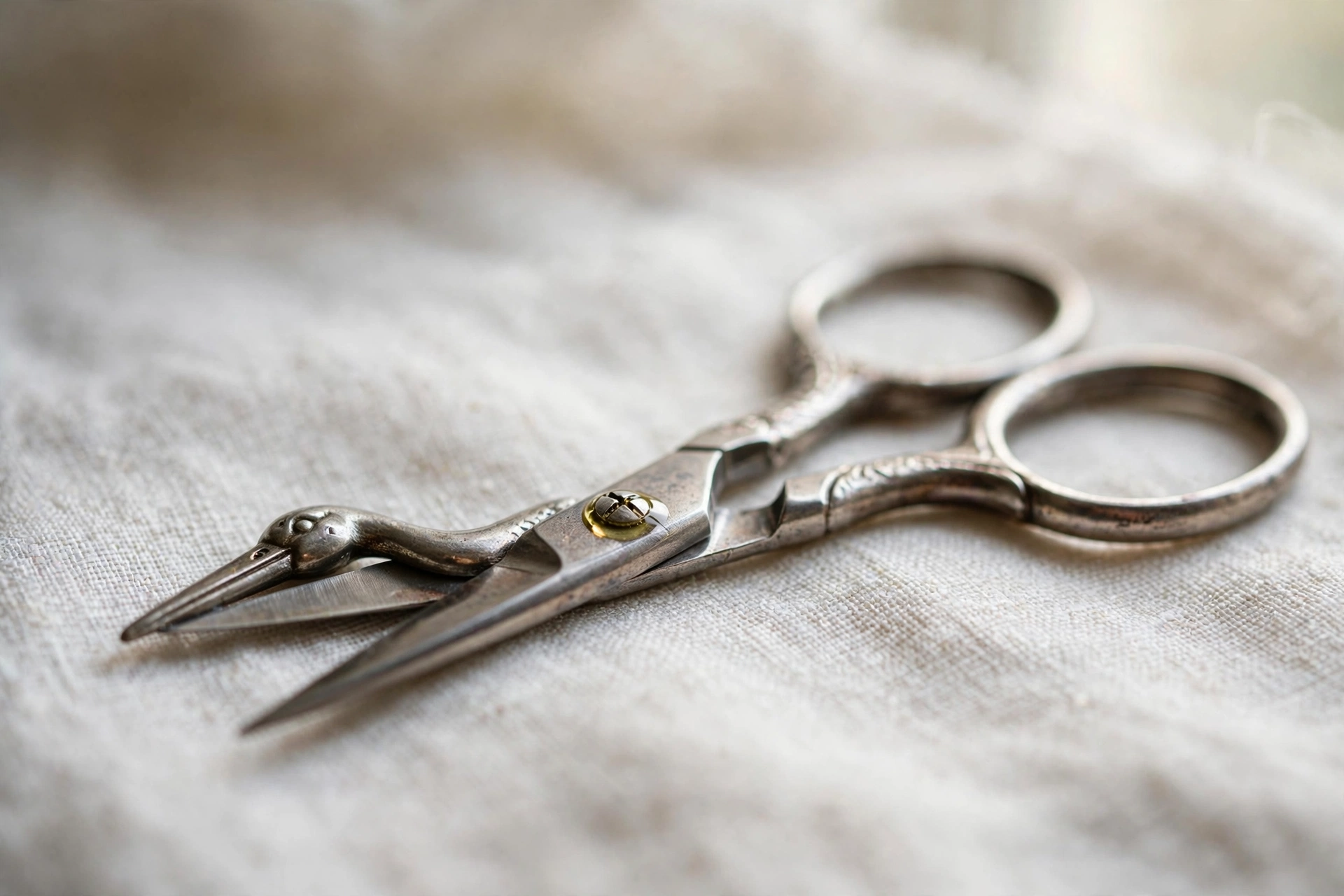 Embroidery scissors on white linen with a tiny drop of oil at the pivot screw in soft window light