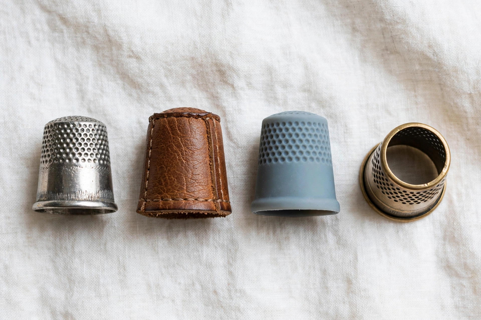 Four thimble types, metal, leather, silicone and open-top tailor's thimble, arranged on white linen