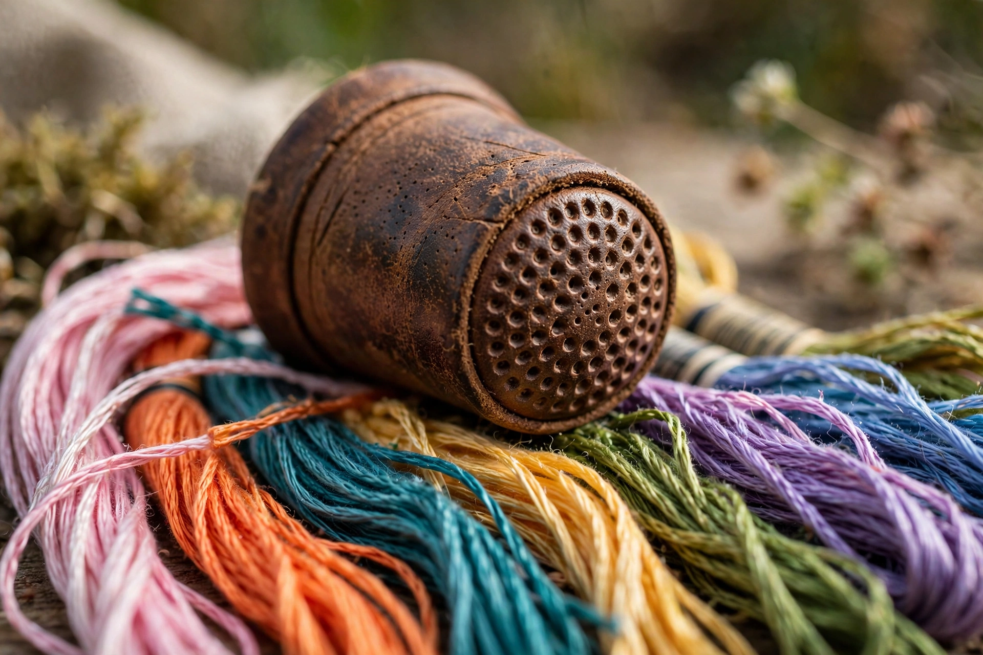 Worn leather thimble with needle dimple marks resting on colorful embroidery floss skeins