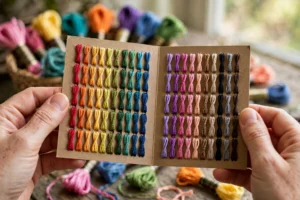 Photorealistic close-up of hands holding an open thread color card with real thread samples, colorful embroidery floss skeins blurred in the background, natural daylight, landscape composition, no text