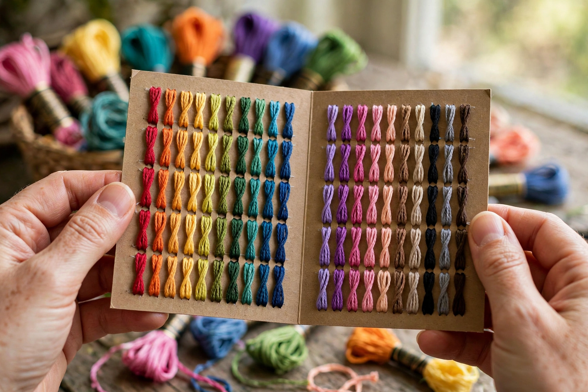 Photorealistic close-up of hands holding an open thread color card with real thread samples, colorful embroidery floss skeins blurred in the background, natural daylight, landscape composition, no text