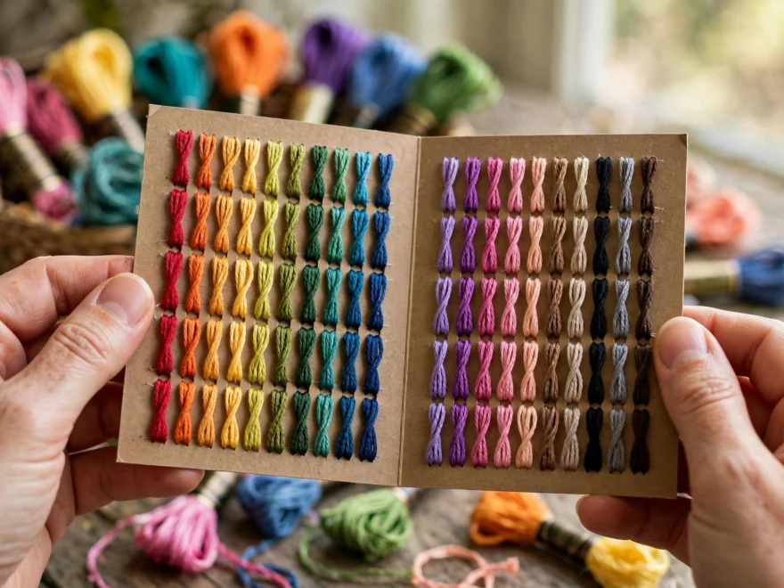 Hands holding an open thread color card with real thread samples, colorful floss skeins blurred behind