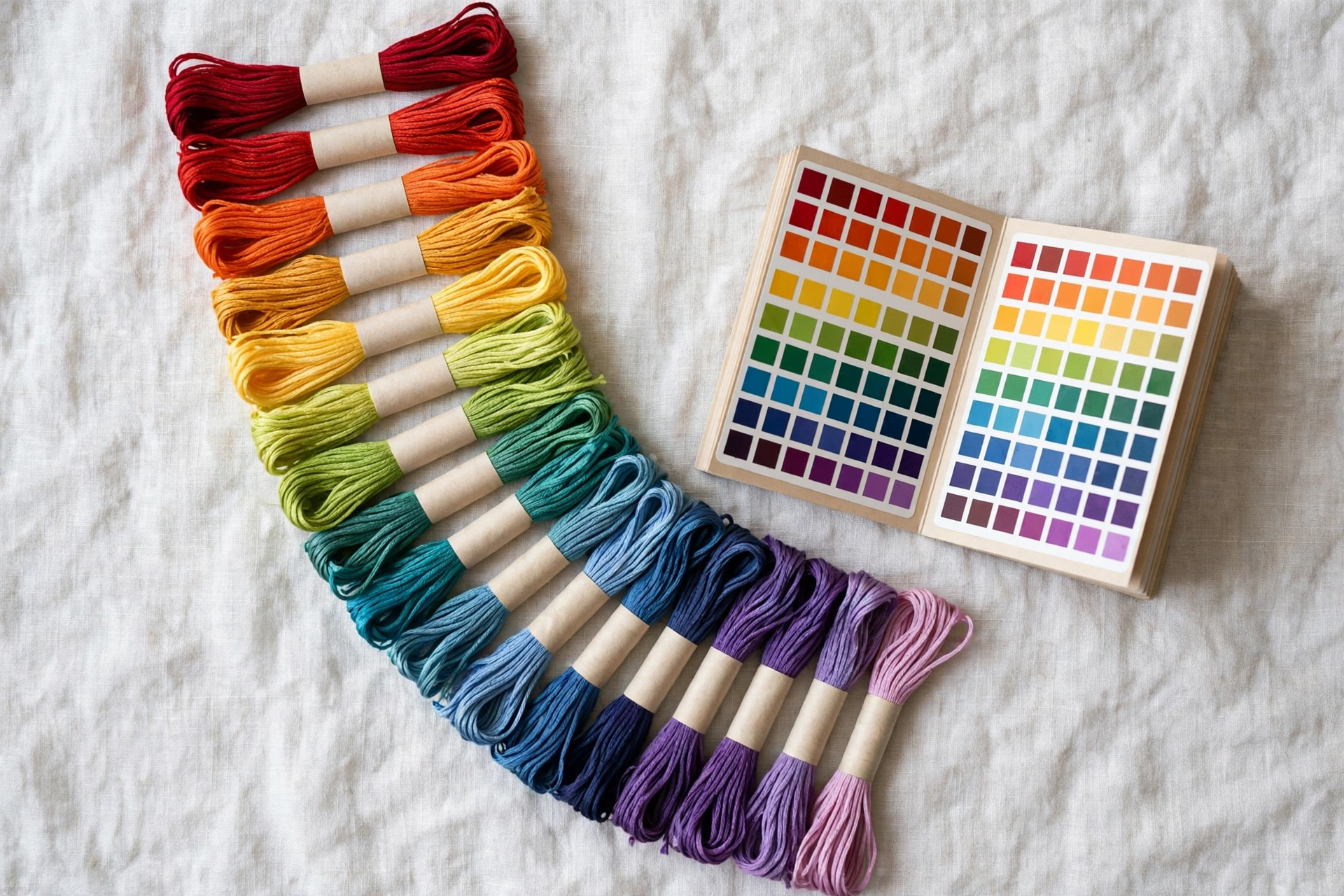 Embroidery floss skeins arranged in a color gradient next to an open color card on white linen