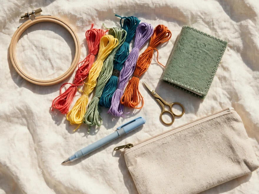 Flat lay of a travel embroidery kit on cream linen: small wooden hoop, colorful floss skeins, needle book, small scissors, wa