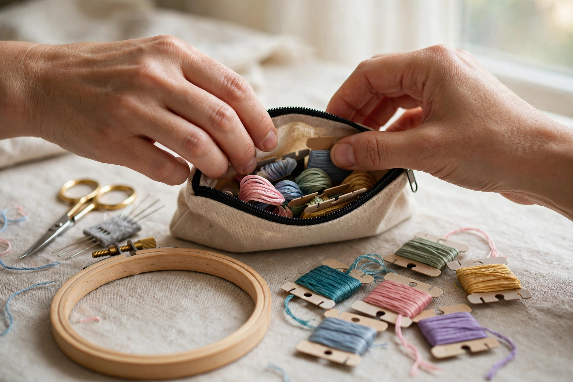 Close-up of hands packing embroidery supplies into a small zippered canvas pouch, floss bobbins and a 4-inch wooden hoop near