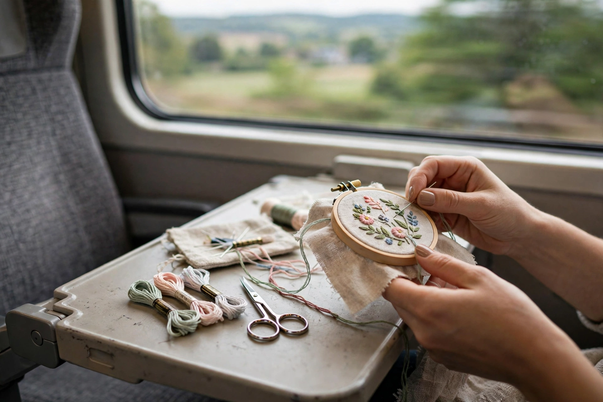 Photo of hands stitching a small floral hoop project on a train seat tray table, blurred window with passing landscape outsid