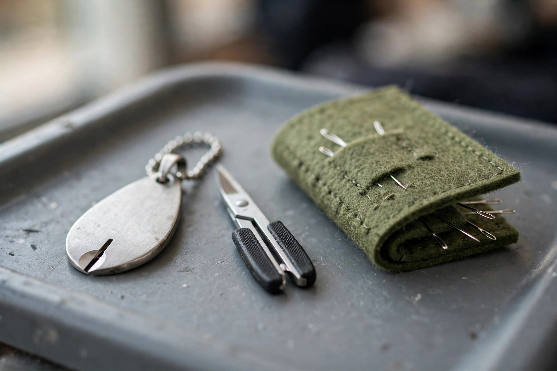 Close-up of TSA-compliant travel stitching tools on a gray security tray: thread cutter pendant, tiny folding scissors and a