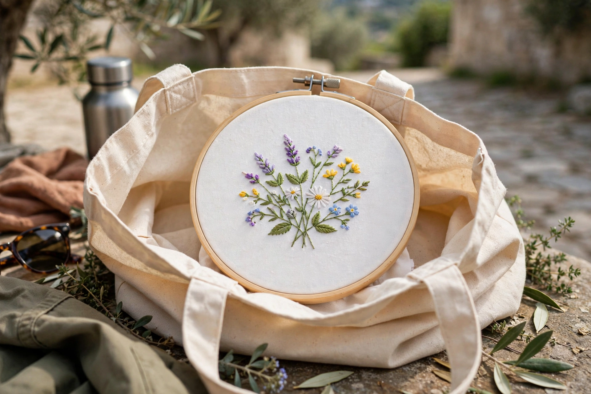 Photo of a finished 4-inch embroidery hoop with a small stitched wildflower design resting on an open tote bag, travel settin