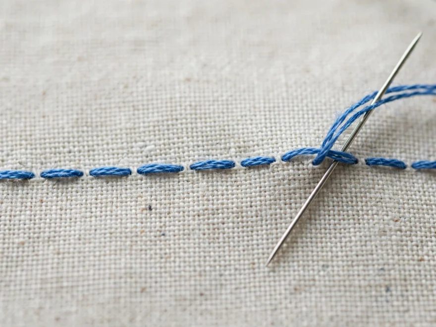 Macro close-up of a running stitch row in blue floss on white linen, needle mid-stitch, crisp thread detail, soft daylight