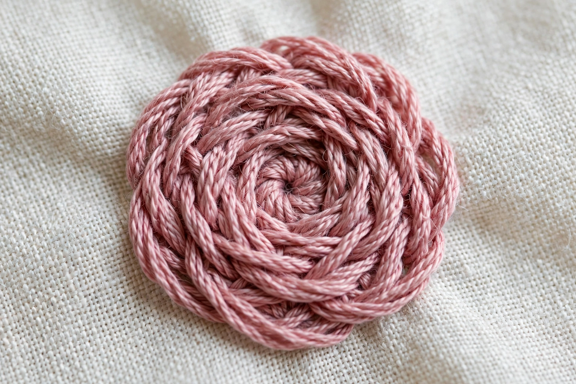 Macro of a woven wheel rose in dusty pink floss on white linen, circular woven texture, crisp detail
