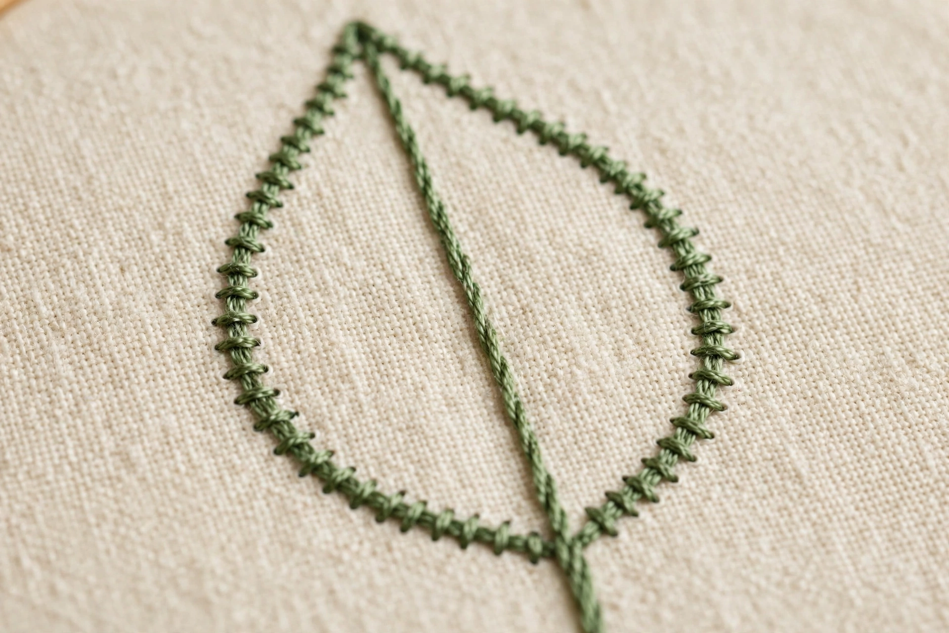 Macro close-up of a backstitch outline forming a leaf shape in green floss on cream fabric, precise even stitches