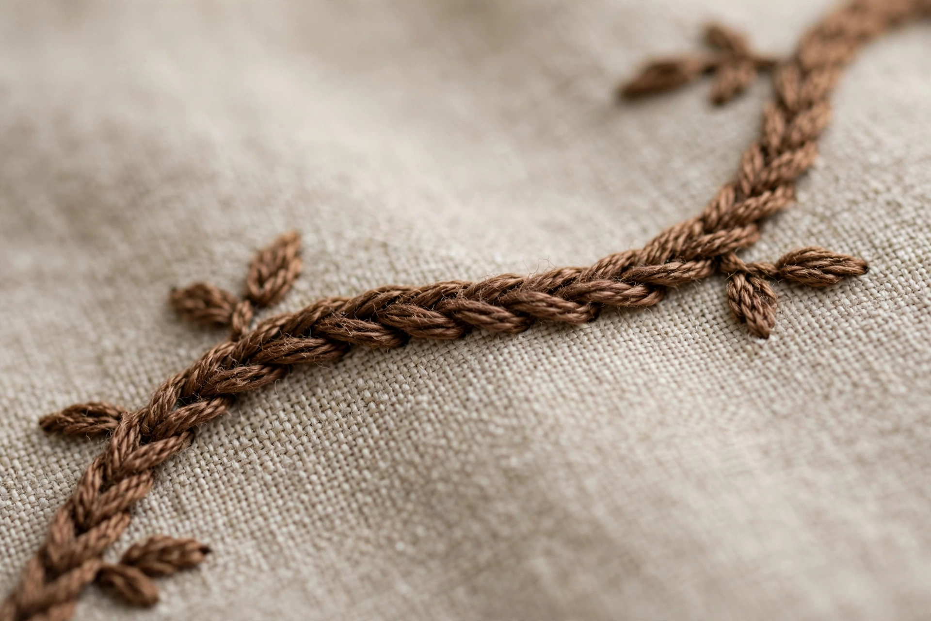 Close-up of a stem stitch curving along a vine line in brown floss, rope-like texture visible, shallow depth of field
