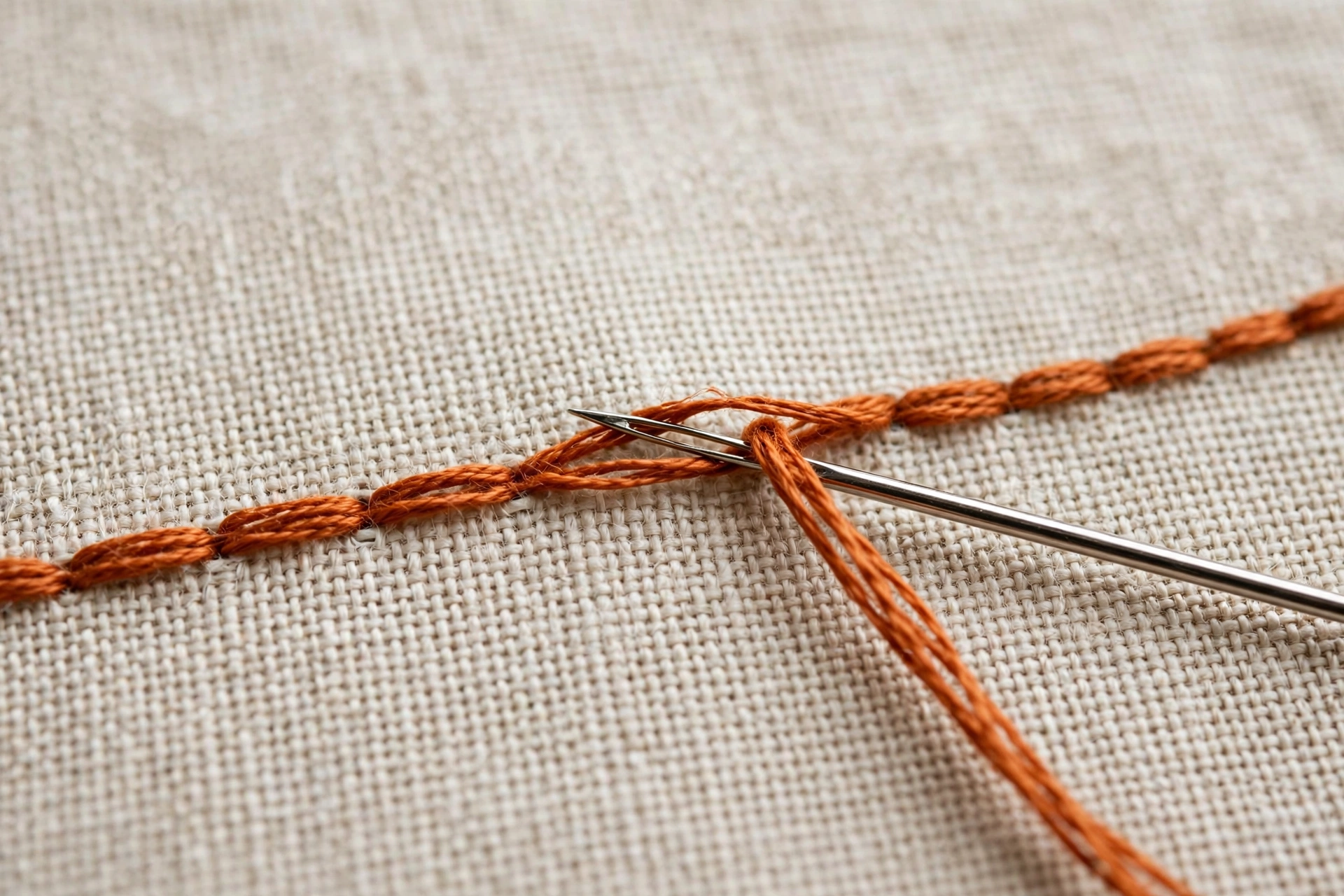 Macro of a split stitch outline in rust-orange floss on linen, showing the needle splitting through the previous stitch