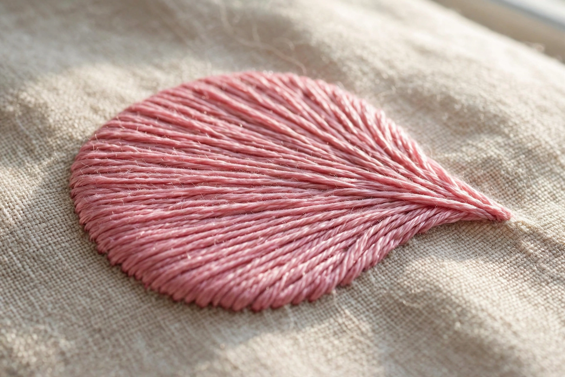 Close-up of a smooth satin stitch filled petal in pink floss, parallel stitches with no gaps, soft window light