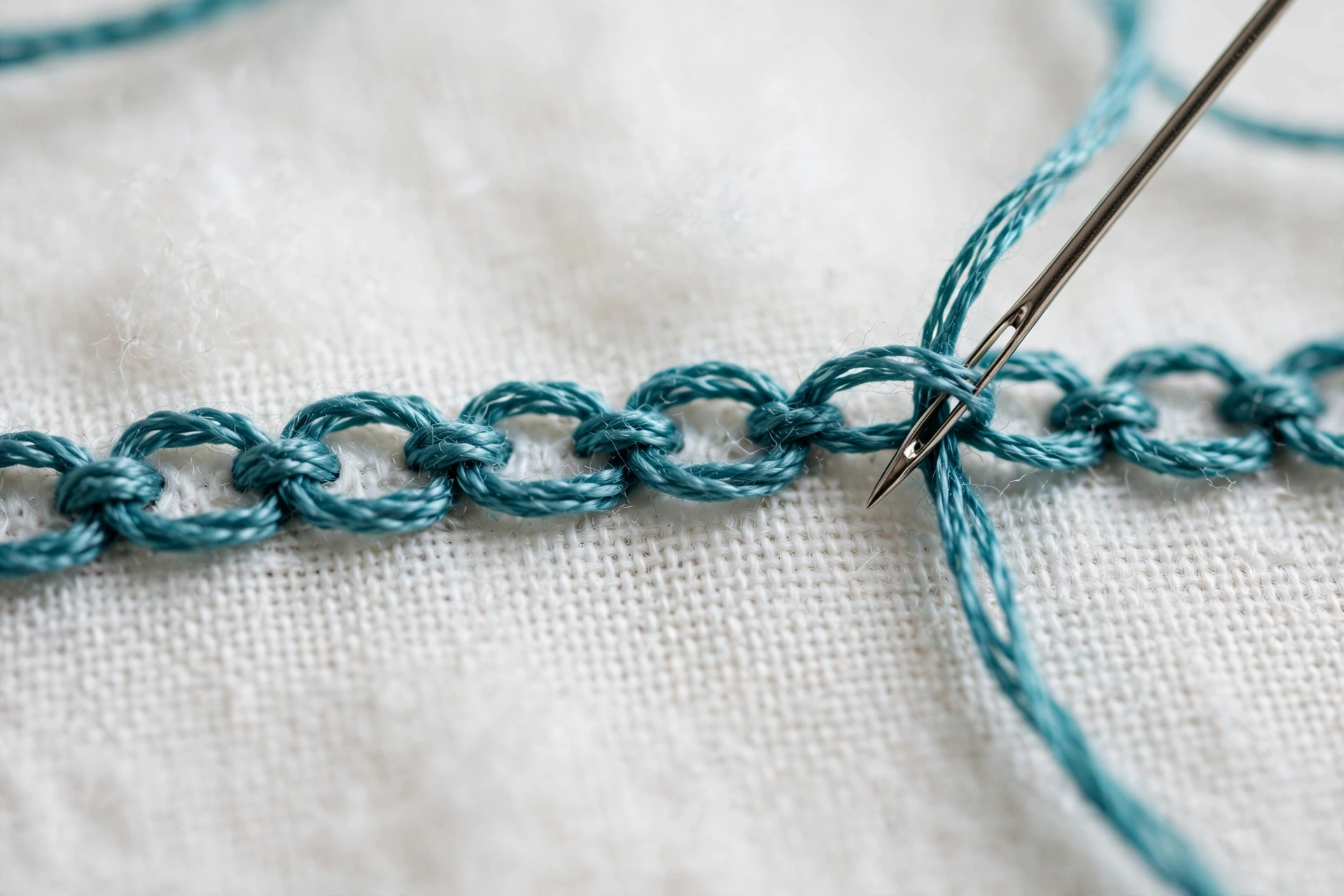 Macro of a chain stitch row in teal floss forming linked loops on white cotton, needle pulling through a loop
