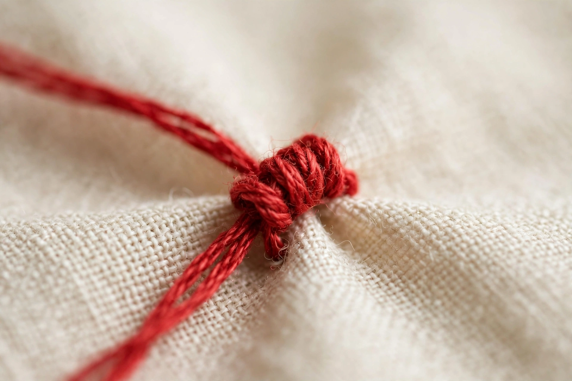 Extreme macro of a perfect french knot in red floss on cream fabric, textured knot detail, shallow depth of field