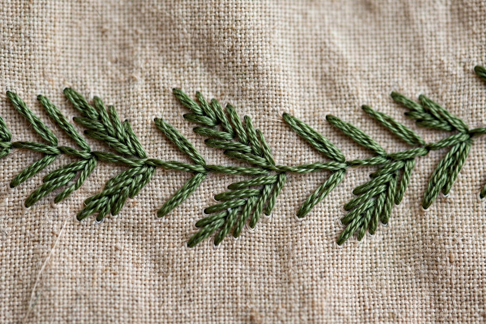 Close-up of a feather stitch vine in green floss with alternating angled stitches on natural linen