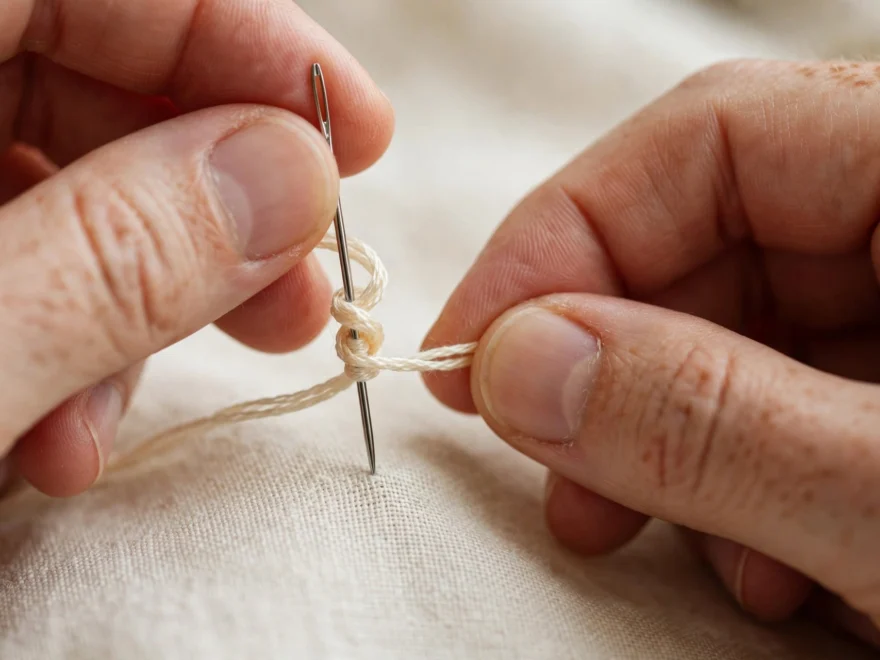 Extreme close-up of hands wrapping embroidery floss twice around a needle to form a french knot, cream linen below, shallow d