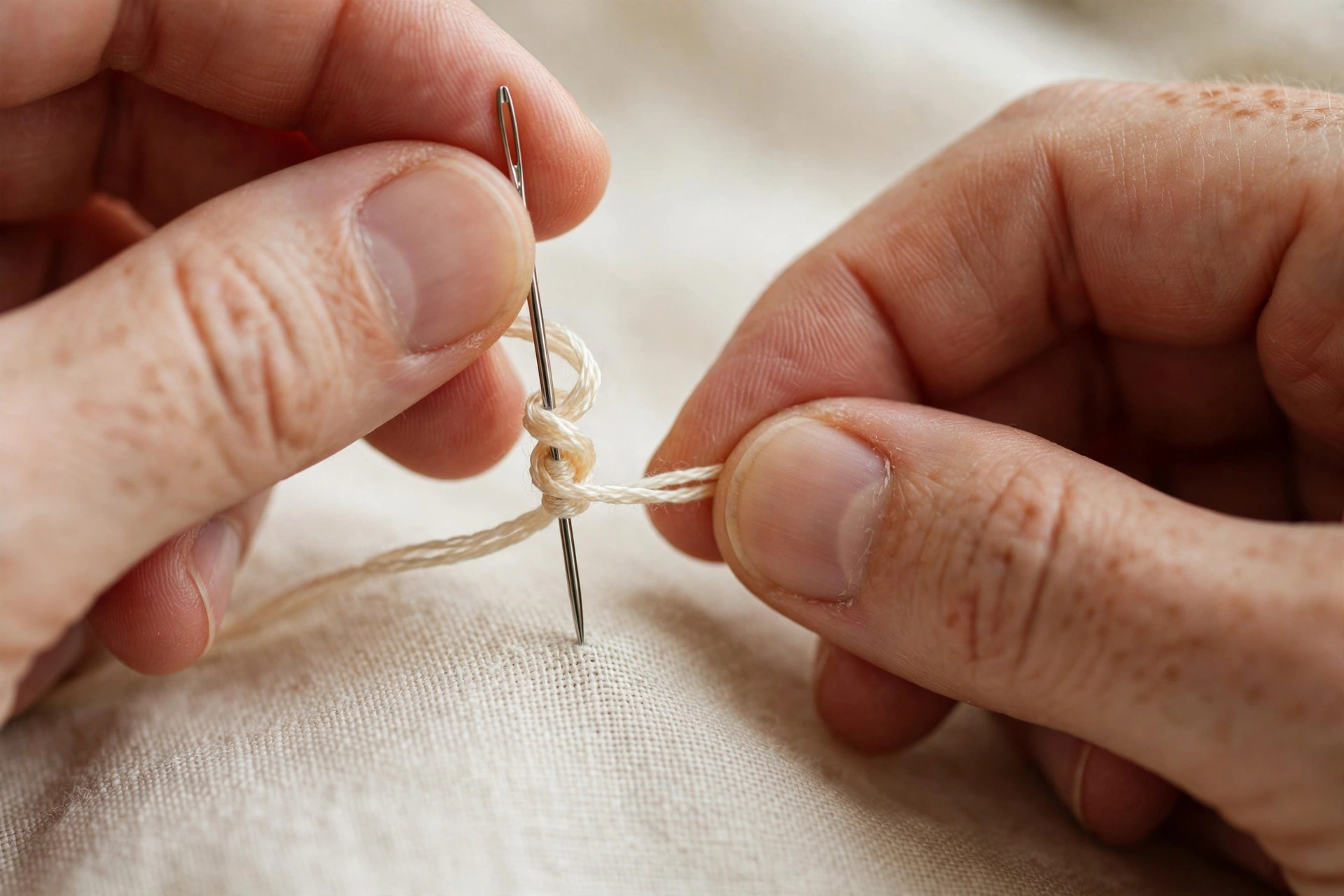 Extreme close-up of hands wrapping embroidery floss twice around a needle to form a french knot, cream linen below, shallow d