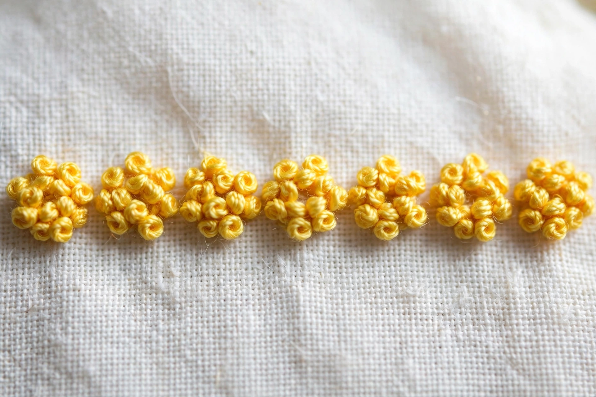 Macro of a row of perfect tiny french knots in yellow floss forming flower centers on white fabric, crisp detail