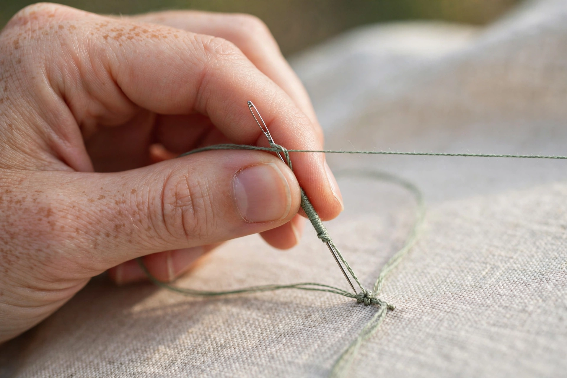 Close-up of fingers holding working thread taut with the non-dominant hand while the needle slides down to set a french knot,