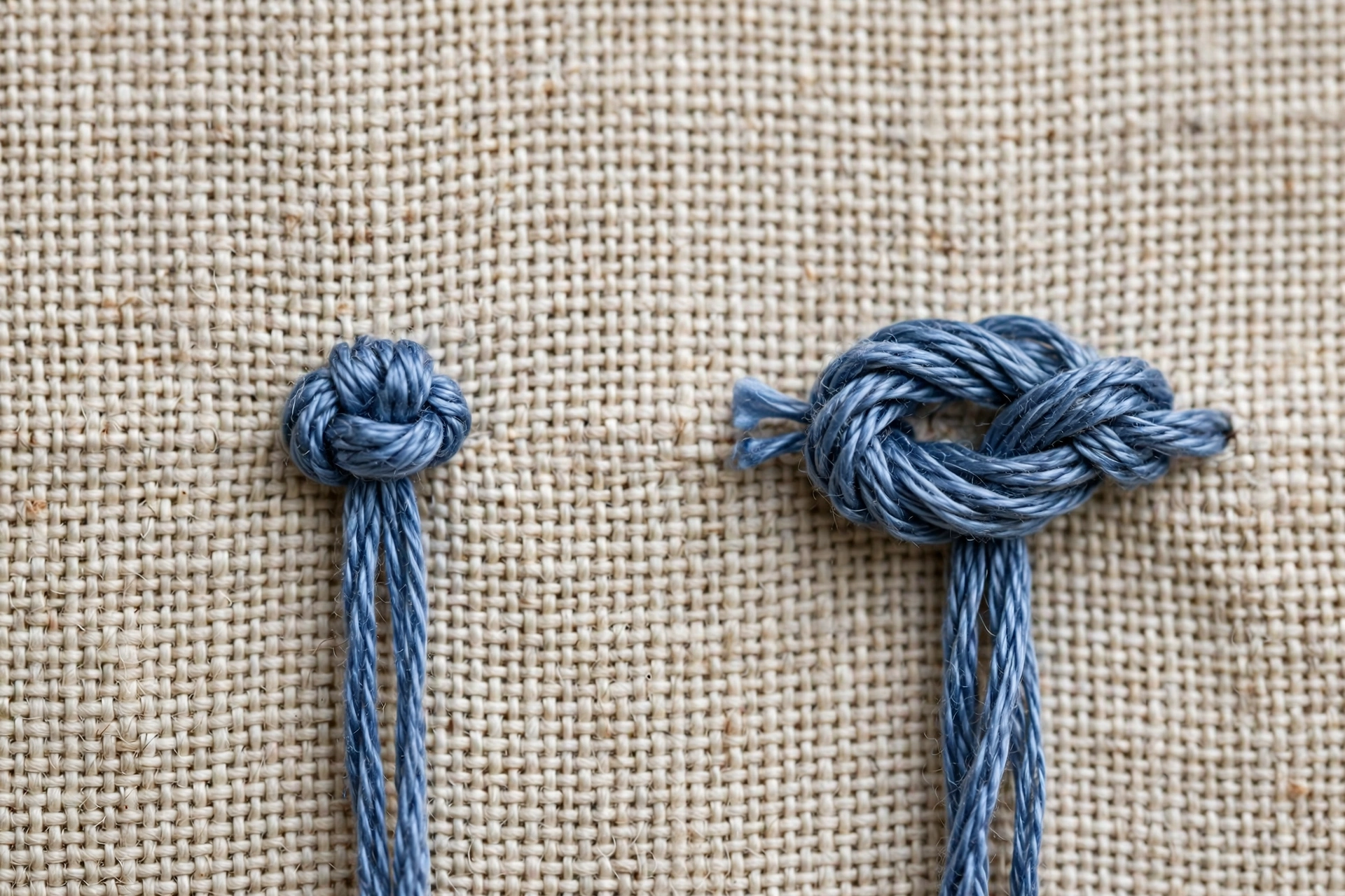 Side-by-side comparison of a neat french knot and a colonial knot in blue floss on linen, macro detail