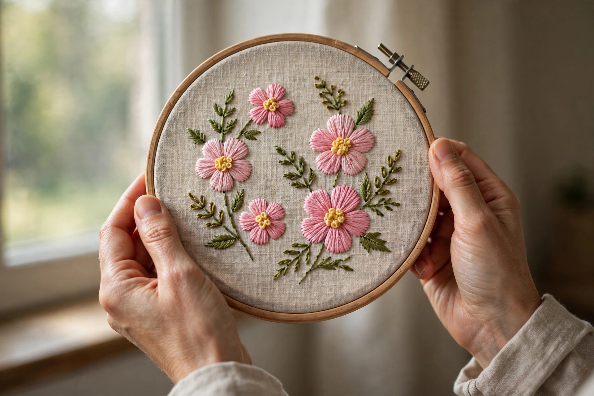 Photo of a finished floral embroidery hoop with french knot flower centers in pink and yellow, held in hands, natural window 