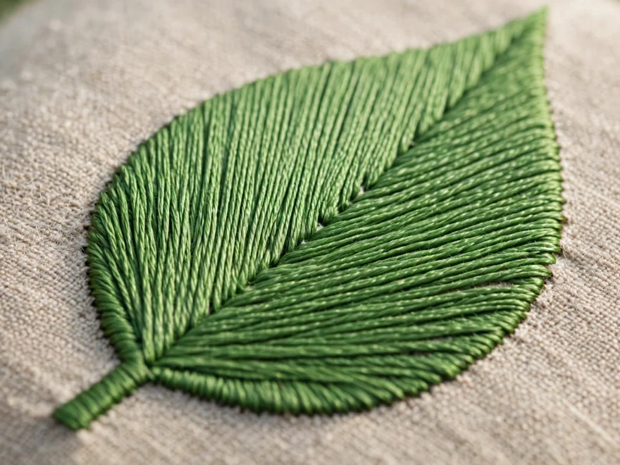 Macro close-up of smooth gap-free satin stitch filling a green leaf shape, parallel stitches, crisp edges, soft daylight