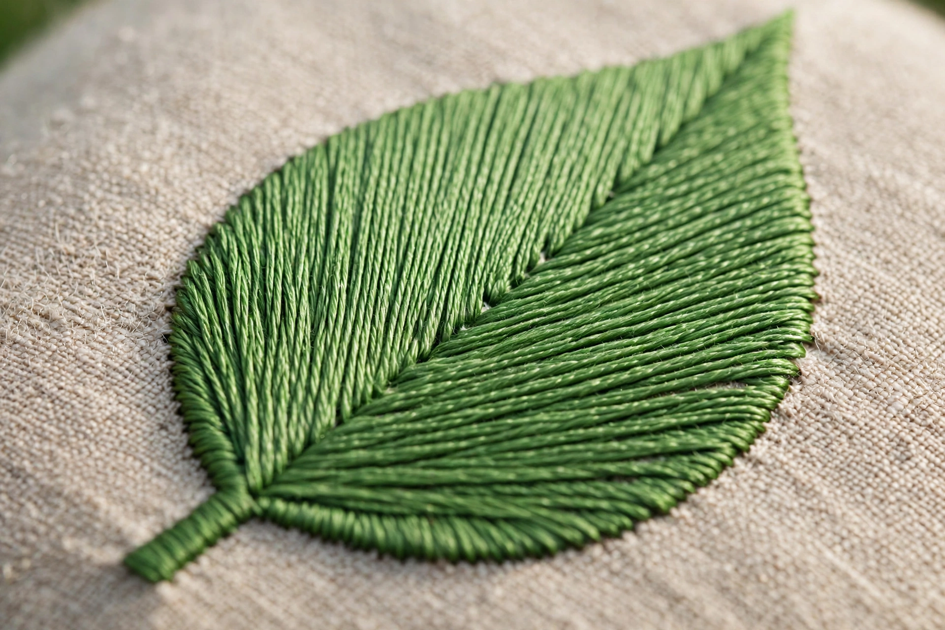 Macro close-up of smooth gap-free satin stitch filling a green leaf shape, parallel stitches, crisp edges, soft daylight