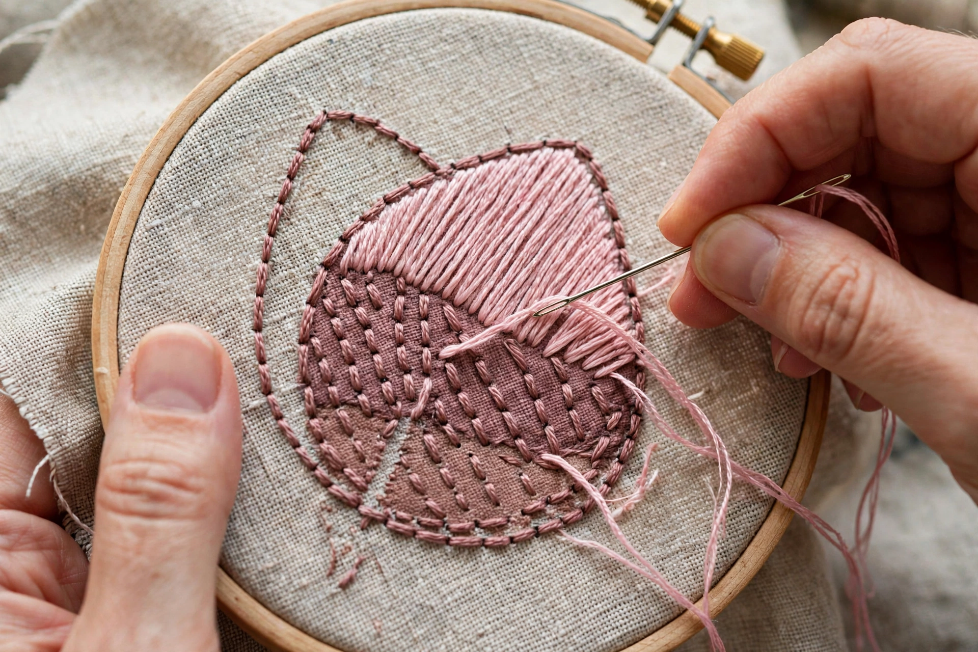 Close-up of a split stitch outline edge guiding a neat satin stitch border on cream fabric, precise craftsmanship