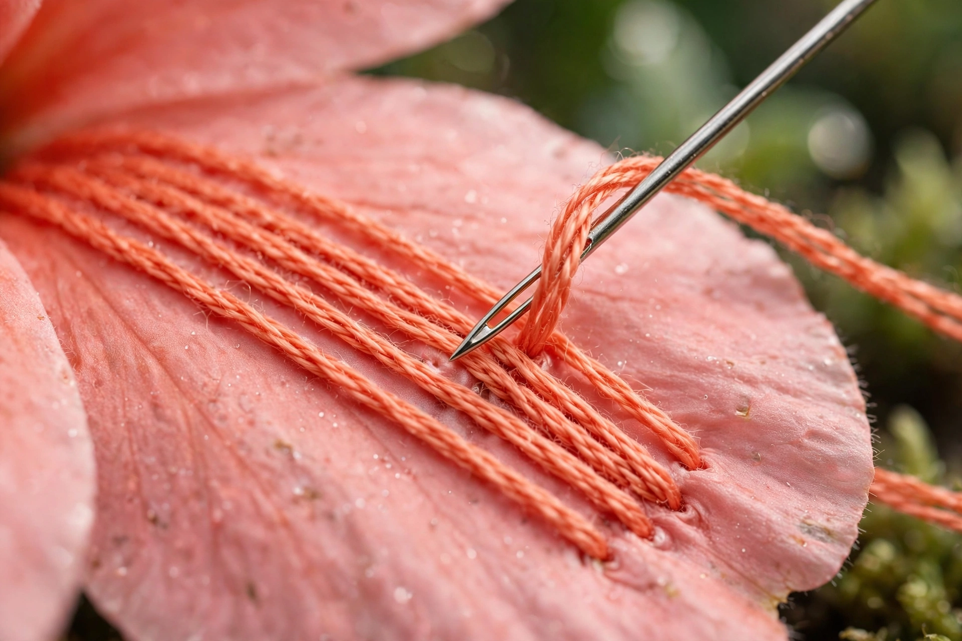 Macro of a needle angling parallel satin stitches across a flower petal in coral floss, thread tension visible, shallow depth