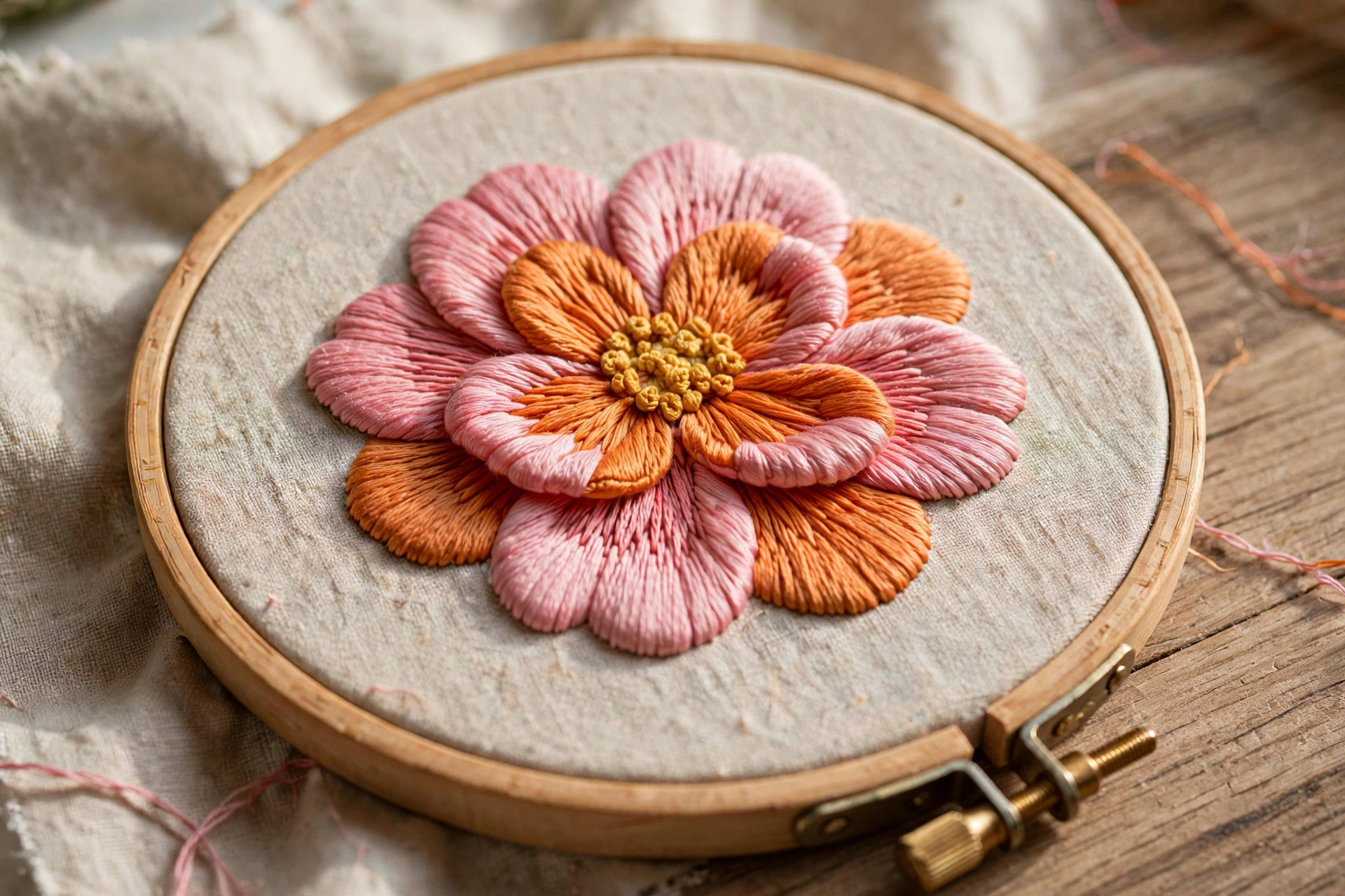 Close-up of a half-finished satin stitch leaf showing the two-half technique, one side complete with smooth stitches and a ma