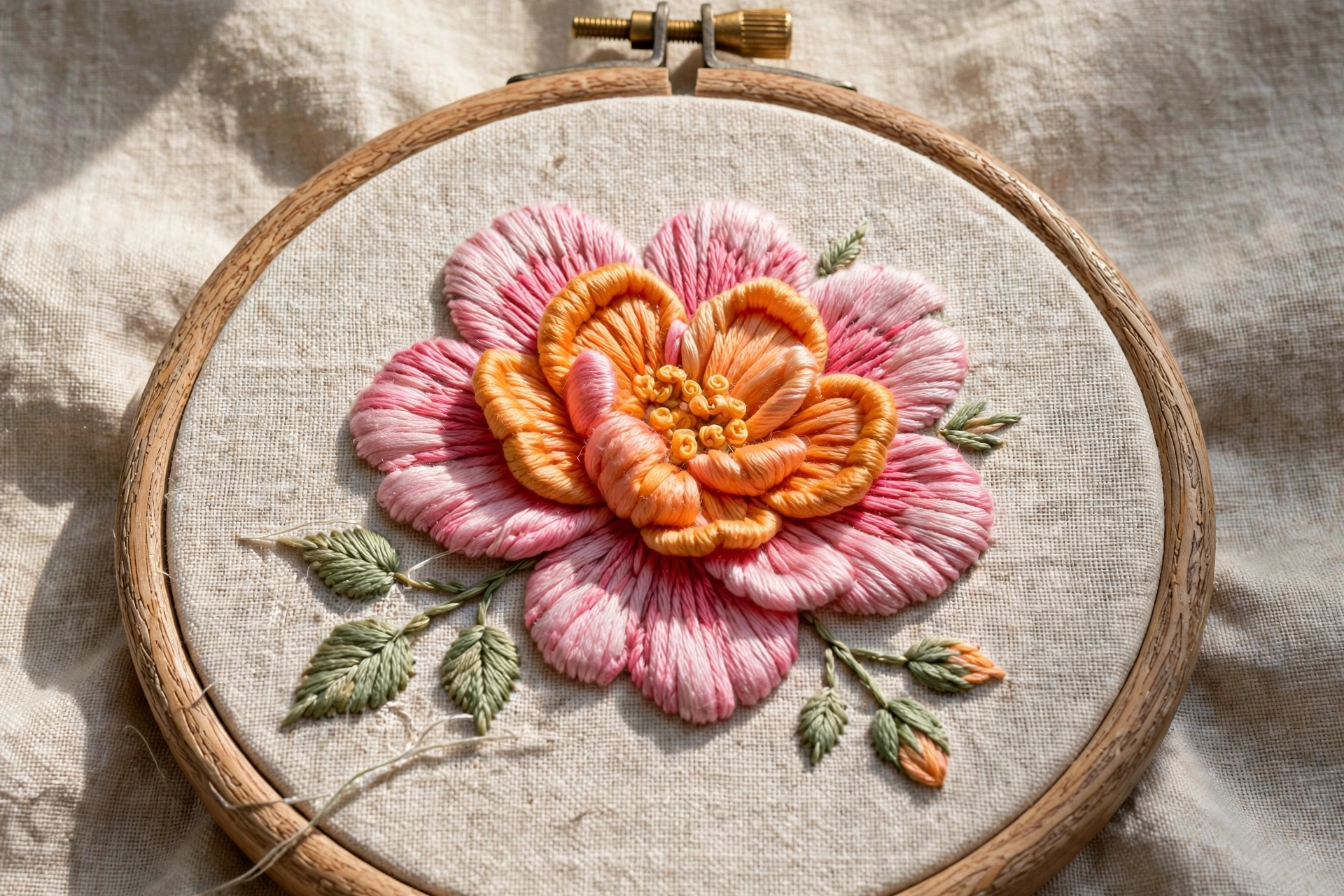 Photo of a finished embroidered flower with raised padded satin stitch petals in pink and orange in a wooden hoop, natural li