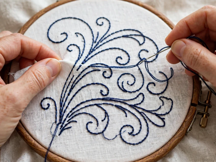 Close-up of a hand tracing printed lettering onto fabric with a blue water-soluble pen, pattern paper beneath, bright dayligh