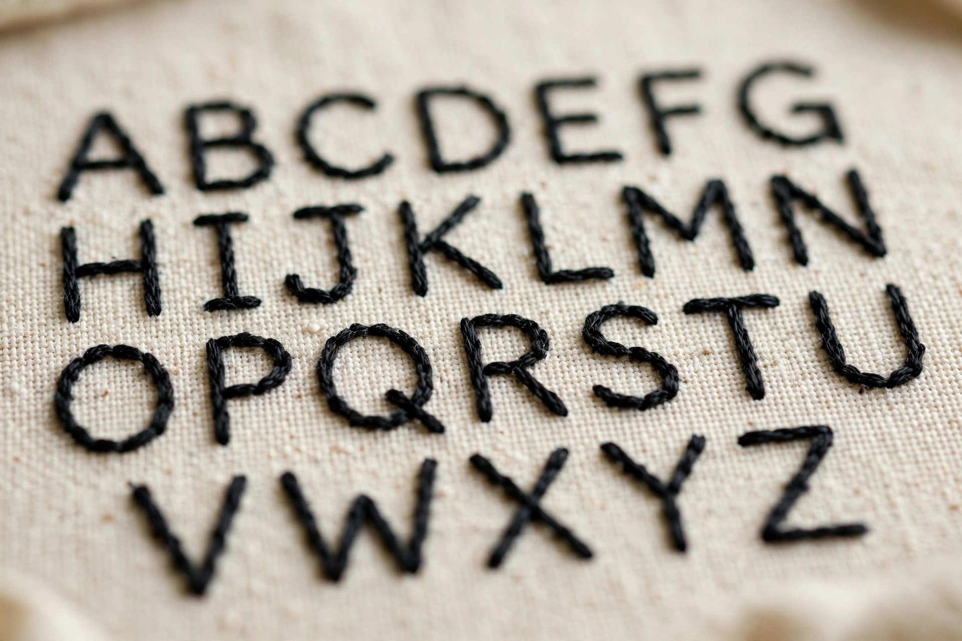 Macro of backstitch alphabet letters in black floss on cream fabric, neat even lettering sampler, shallow depth of field