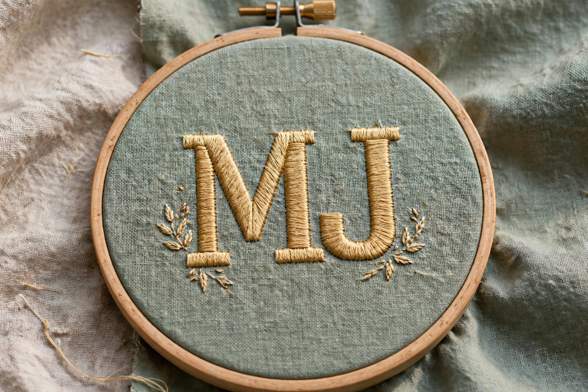 Macro of bold chain stitch letters in red floss on natural cotton, textured chunky lettering, crisp detail