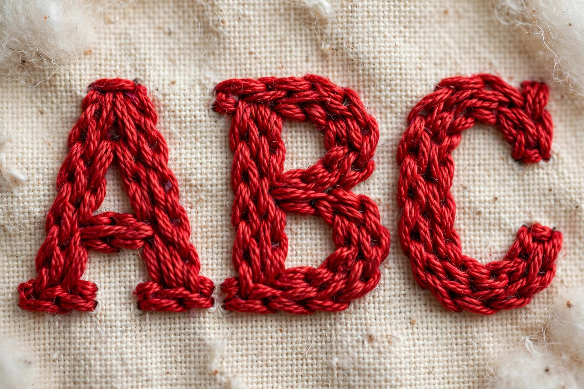 Close-up of hands stitching script lettering with stem stitch in navy floss on white linen in a wooden hoop, elegant curves