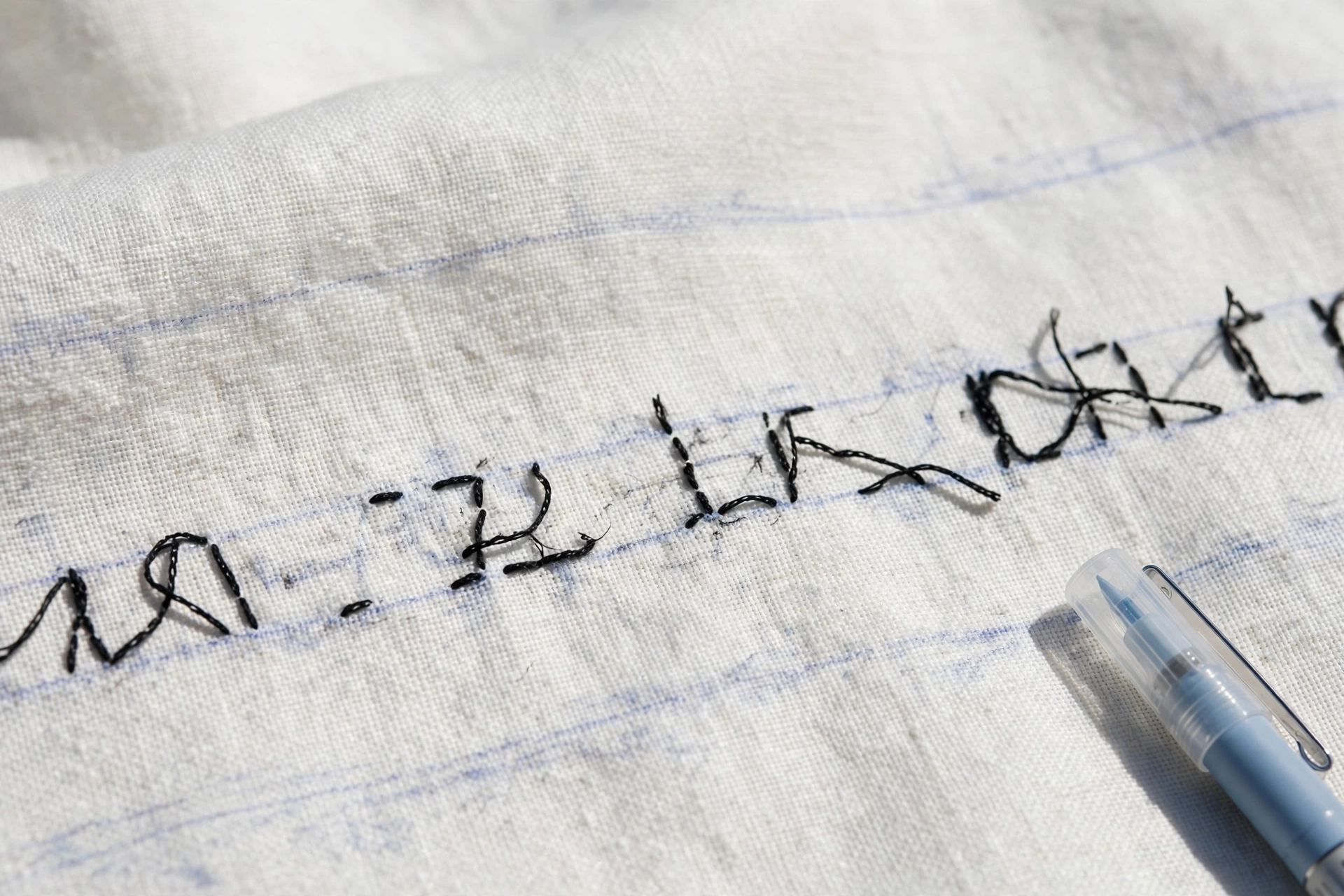 Close-up of white linen with faint blue guideline marks for cap height and baseline, partially stitched black backstitch lett