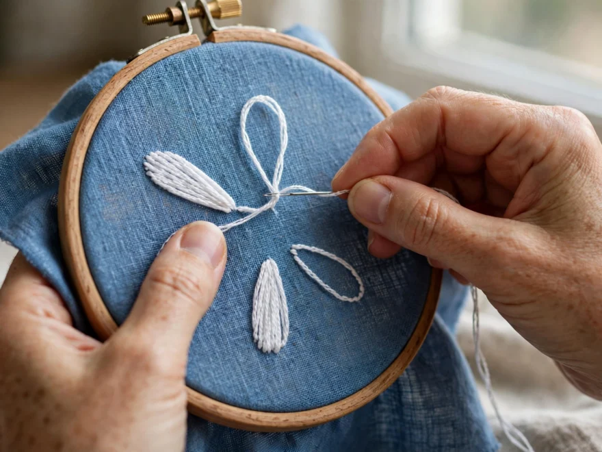 Close-up of hands stitching lazy daisy petals with white embroidery floss on blue linen in a wooden hoop, needle forming a th