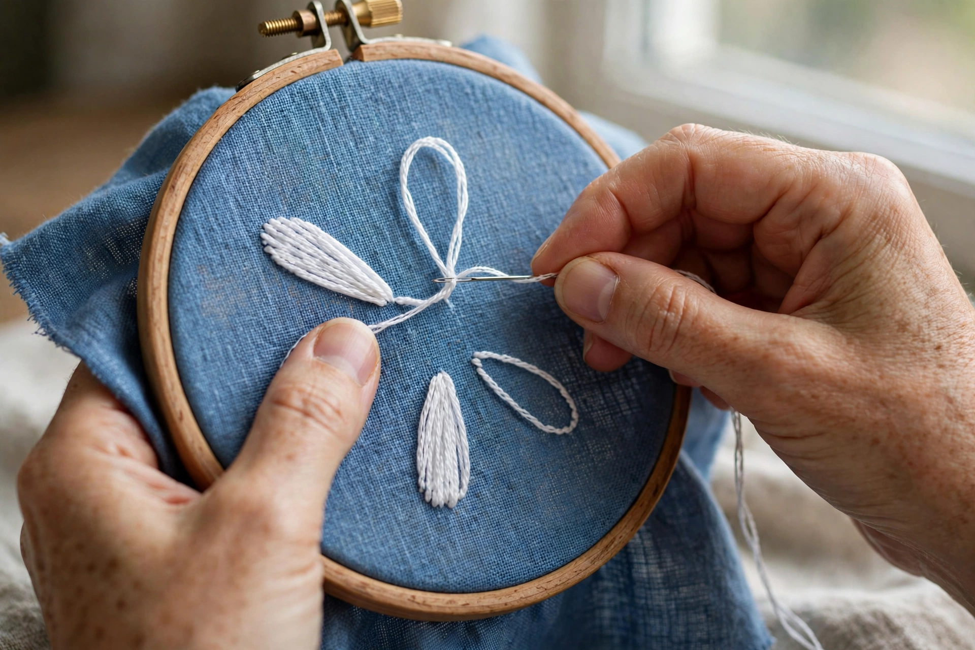Close-up of hands stitching lazy daisy petals with white embroidery floss on blue linen in a wooden hoop, needle forming a th