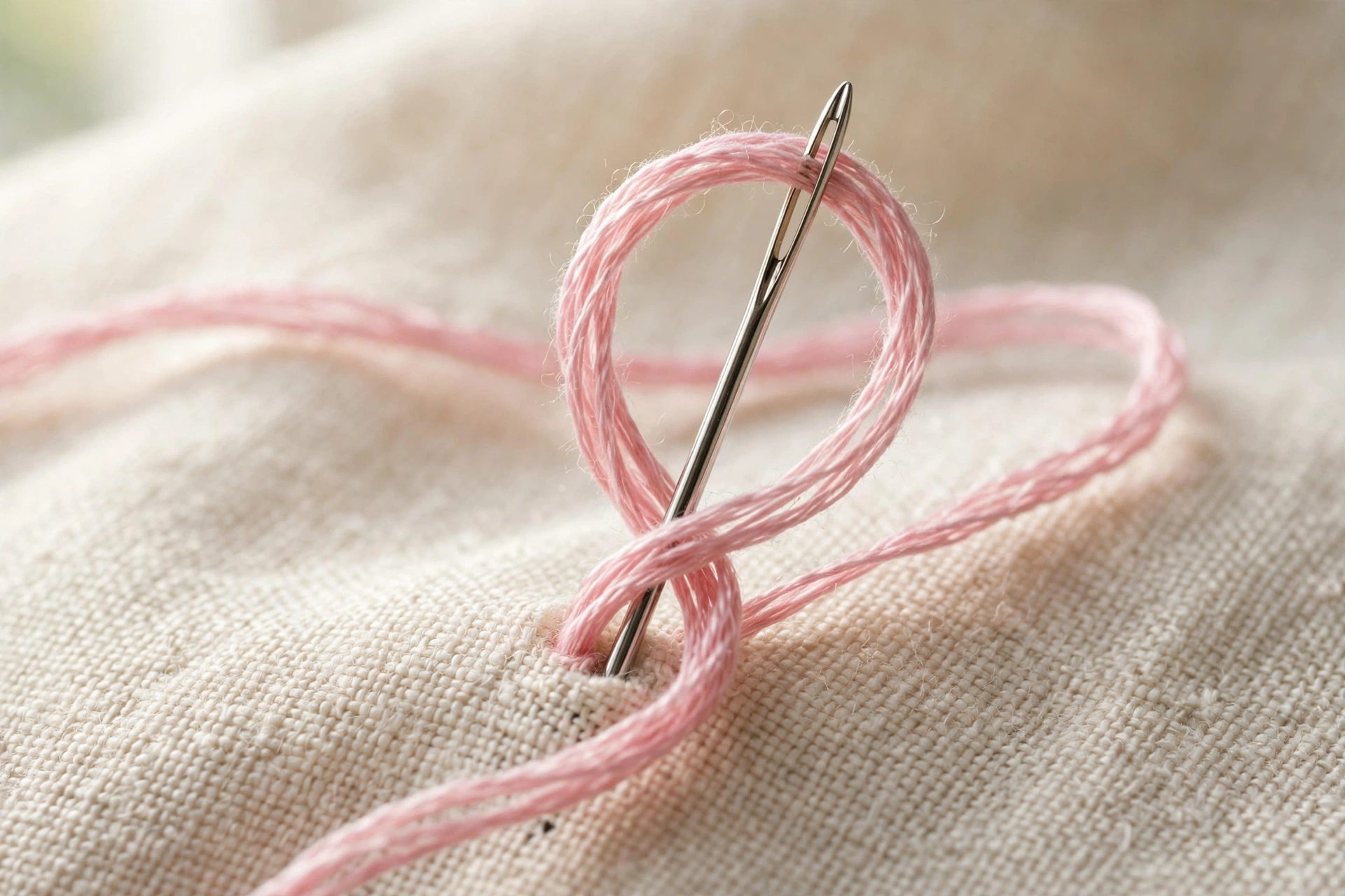 Close-up of a needle coming up inside a loop of pink embroidery floss on cream linen, the thread loop draped around the needl