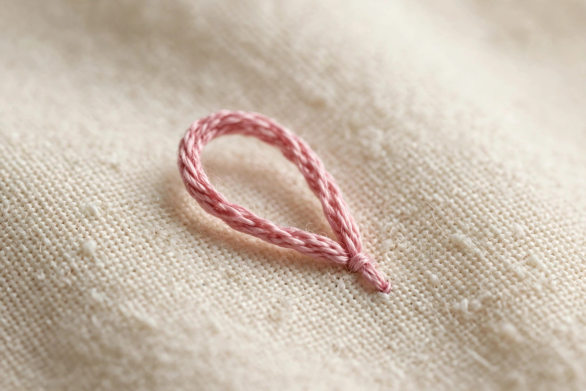Macro shot of a single lazy daisy petal loop secured with a tiny anchoring stitch, pink thread on cream fabric, crisp detail