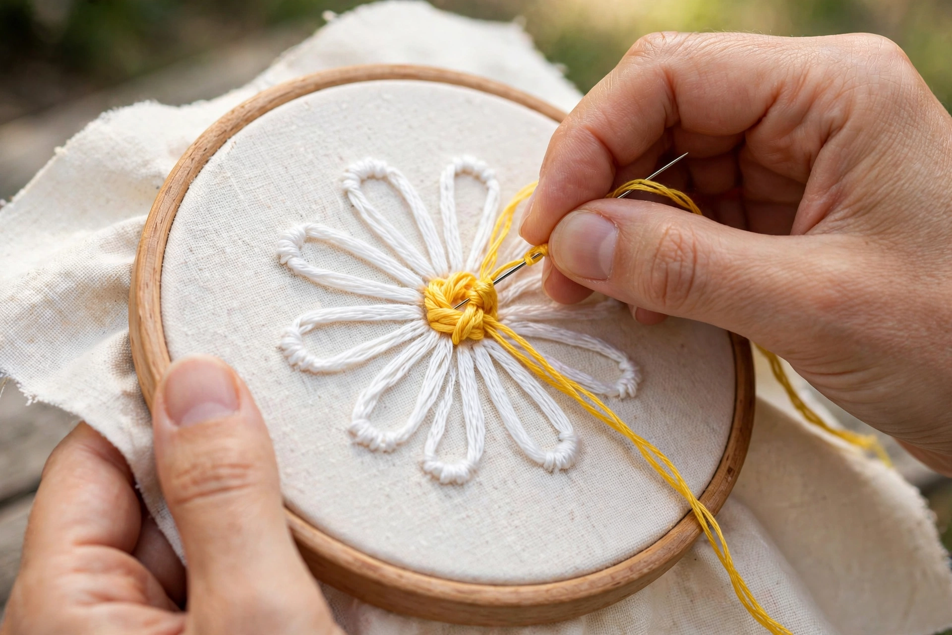 Photo of hands tying a French knot in yellow floss at the center of white lazy daisy petals, hoop held steady, natural daylig