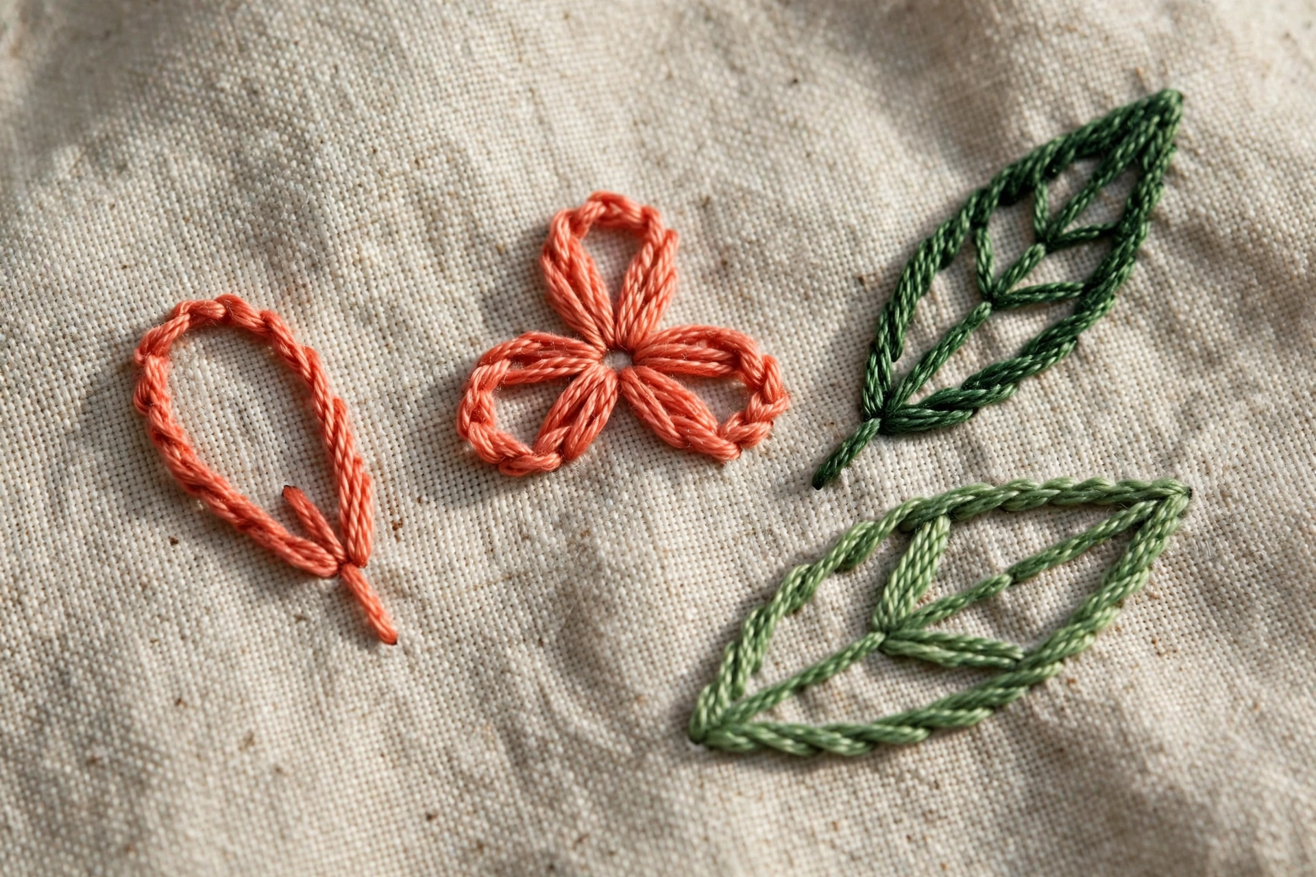 Close-up of lazy daisy stitch variations on linen: a single petal, a three-petal flower, elongated leaf shapes in green and c